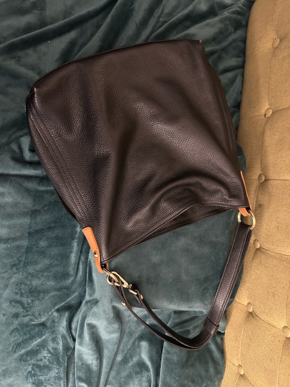 Valentina Black Pebbled Leather Shoulder Bag with Tan Accents - Picture 6 of 16